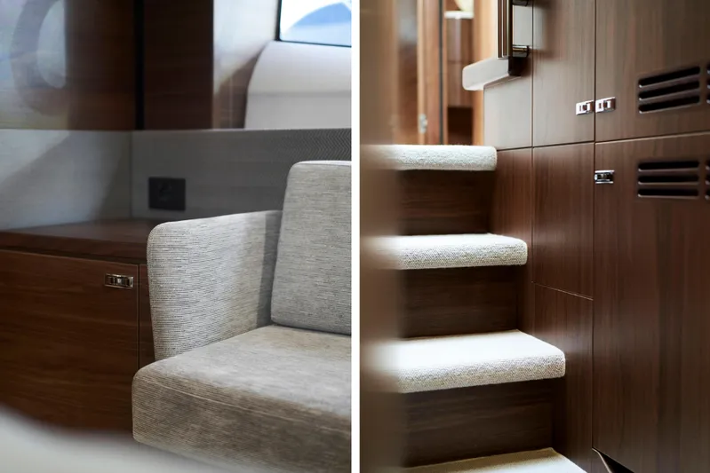  Yacht Photos Pics Luxurious interior of 2021 Princess S66 yacht, featuring elegant seating and wooden stairs.