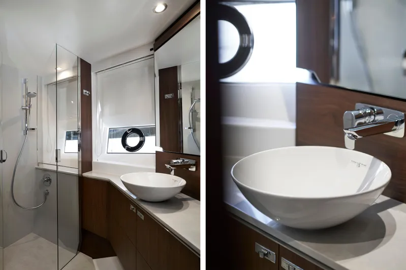  Yacht Photos Pics Luxurious bathroom in 2021 Princess S66 yacht with modern fixtures and elegant design.