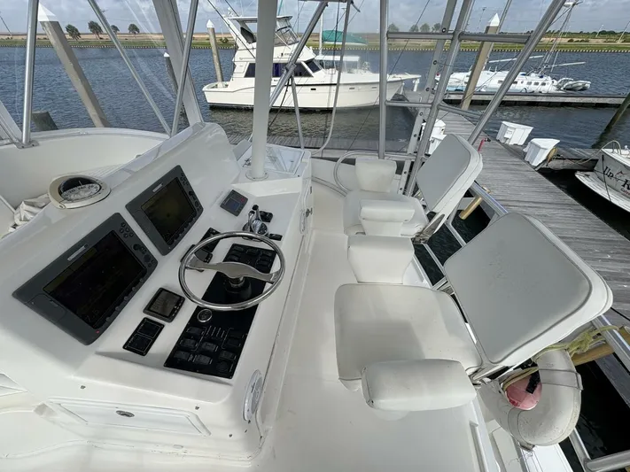 Rabbit Hole Yacht Photos Pics 2005 Luhrs 41 Convertible yacht helm with dual seats and navigation controls at marina.
