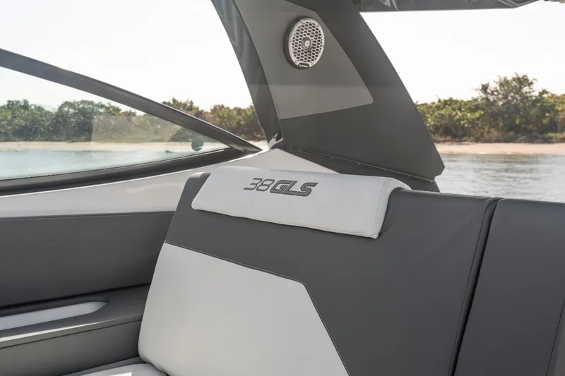  Yacht Photos Pics 2026 Cruisers Yachts 38 GLS OB interior with sleek seating and speaker detail.