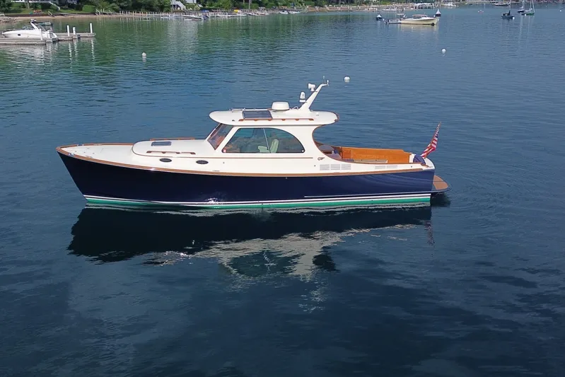 Annie Beau Yacht Photos Pics 2011 Hinckley Picnic Boat 37 MKIII on calm water, side view.