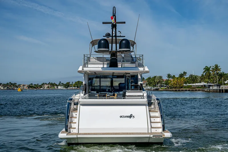  Yacht Photos Pics 2019 Azimut S7 yacht on water, rear view, clear sky, palm trees in background.