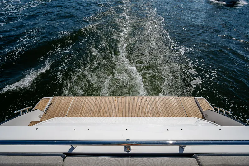  Yacht Photos Pics 2019 Azimut S7 yacht cruising, view from deck over ocean waves.