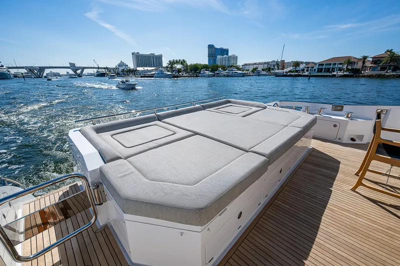  Yacht Photos Pics Luxurious 2019 Azimut S7 yacht with spacious sun deck, cruising on a scenic waterway.
