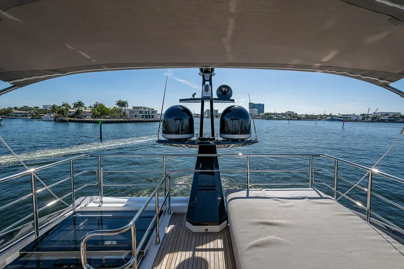  Yacht Photos Pics 2019 Azimut S7 yacht deck with scenic waterfront view.