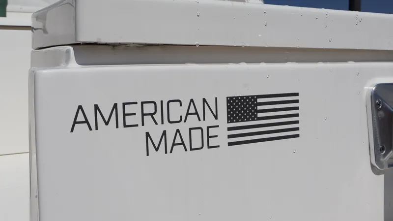  Yacht Photos Pics "American Made" decal on 2023 Pursuit OS 355 Offshore boat.