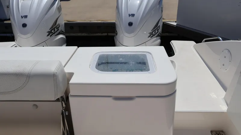  Yacht Photos Pics 2023 Pursuit OS 355 Offshore boat with dual outboard engines and seating area.