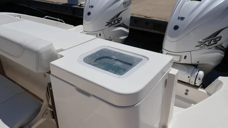  Yacht Photos Pics 2023 Pursuit OS 355 Offshore boat with dual Yamaha XTO engines and seating area.