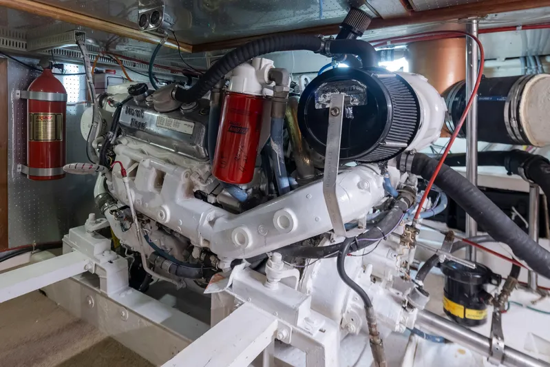  Yacht Photos Pics Engine room of 1989 Ocean Alexander 50 Sedan yacht, showcasing detailed machinery and components.