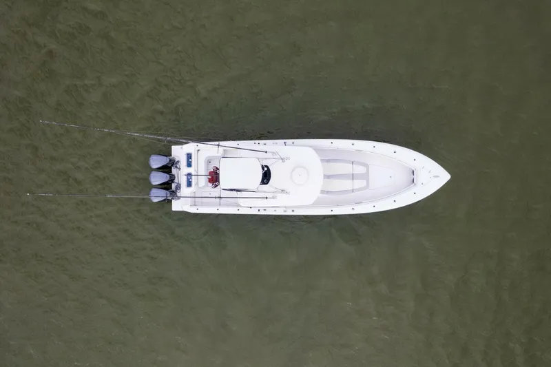 Fools Gold Yacht Photos Pics Overhead view of 2017 Contender 39 Fish Around boat on water.