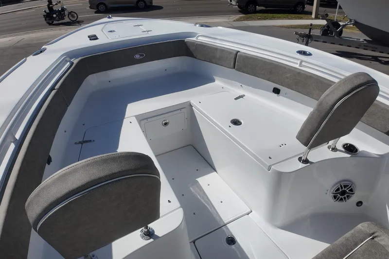  Yacht Photos Pics 2025 Sea Hunt Ultra 275 SE boat interior with cushioned seating and storage compartments.