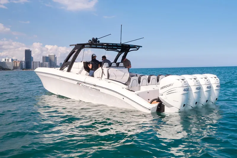  Yacht Photos Pics 2020 Midnight Express 37' Open boat with quad Mercury 400R engines on the water.