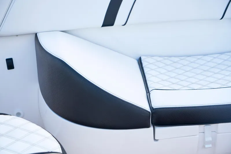  Yacht Photos Pics 2020 Midnight Express 37' Open boat interior seating with white and black upholstery.