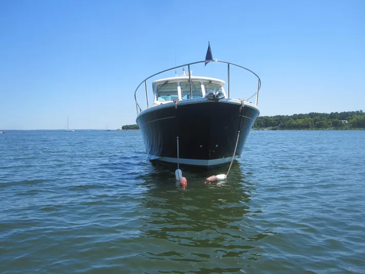  Yacht Photos Pics 2014 Back Cove 34 Hard Top boat on calm water, front view.
