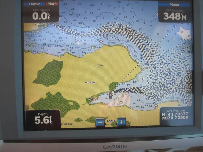  Yacht Photos Pics Garmin GPS display showing nautical chart with depth and position coordinates.