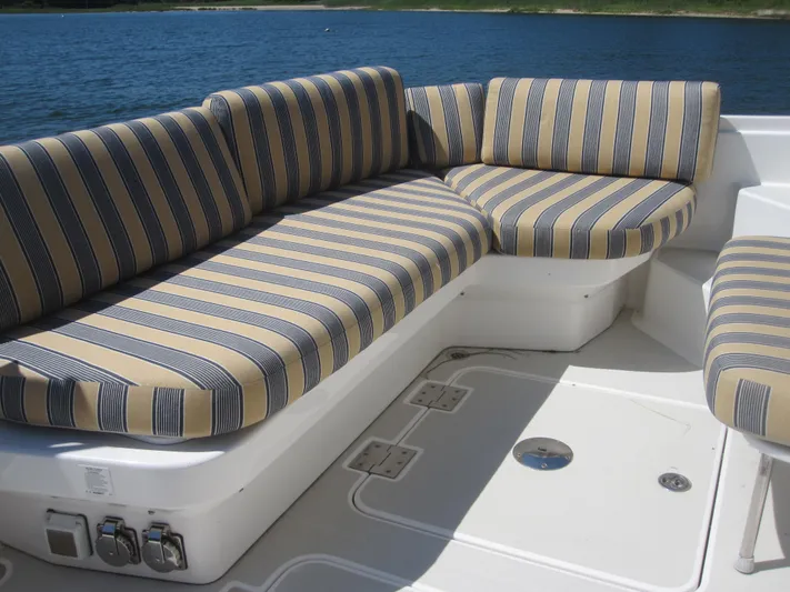  Yacht Photos Pics Striped seating on 2014 Back Cove 34 Hard Top boat deck.