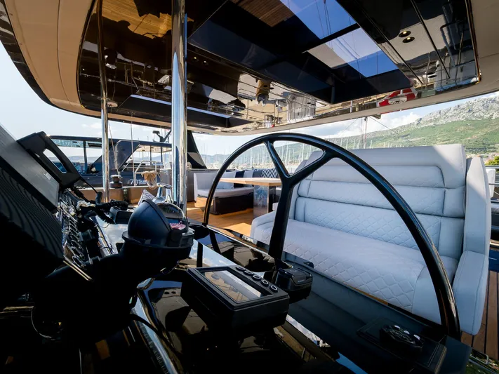 N+1 Yacht Photos Pics Luxurious interior of 2024 Sunreef 70 Eco yacht with modern steering and seating.