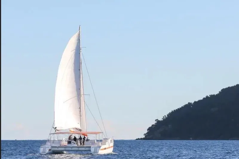  Yacht Photos Pics Sailing catamaran DAYCHARTER 2026 on open sea near forested coastline.