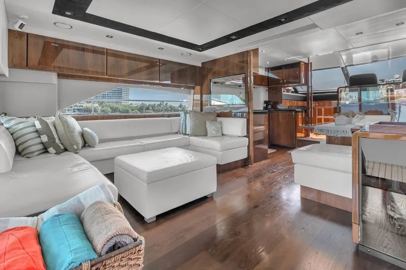  Yacht Photos Pics Luxurious interior of 2013 Fairline Squadron 66 yacht with elegant seating and modern design.