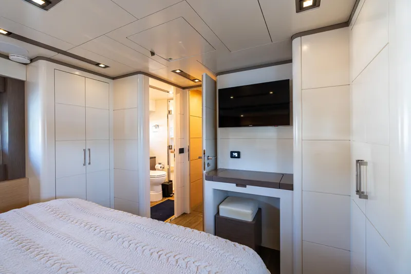 Amor Fati Yacht Photos Pics Luxurious interior of 2019 Sirena 64 yacht with modern furnishings and elegant design.