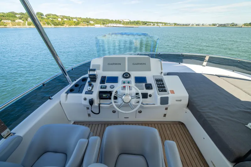 Amor Fati Yacht Photos Pics Helm of 2019 Sirena 64 yacht with Garmin navigation, overlooking serene waters.