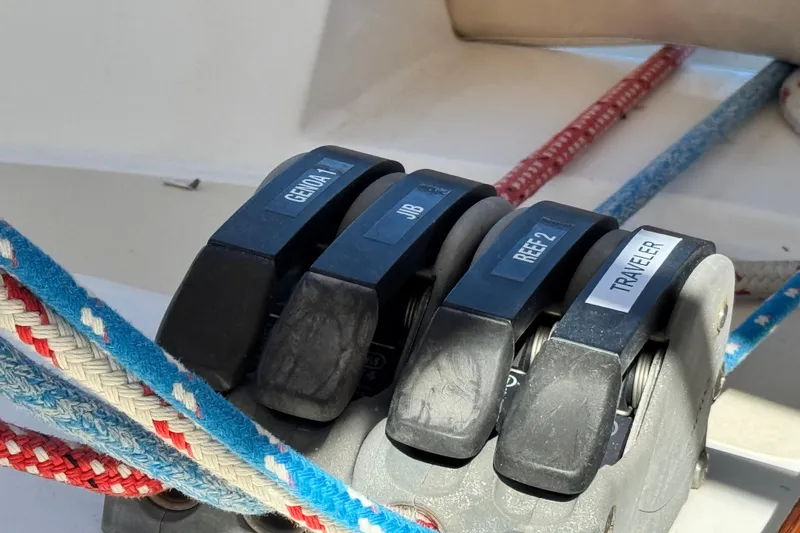 Munequita Yacht Photos Pics Sailboat control panel with labeled rope clutches on a 2013 Tartan 4000.