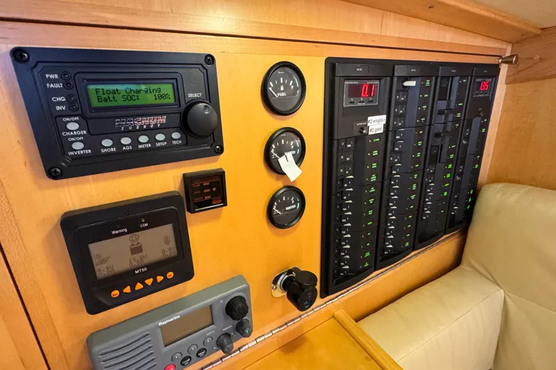 Munequita Yacht Photos Pics Control panel of a 2013 Tartan 4000 yacht with various gauges and displays.