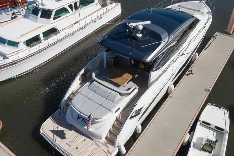  Yacht Photos Pics 2019 Princess V60 yacht docked at marina, aerial view.