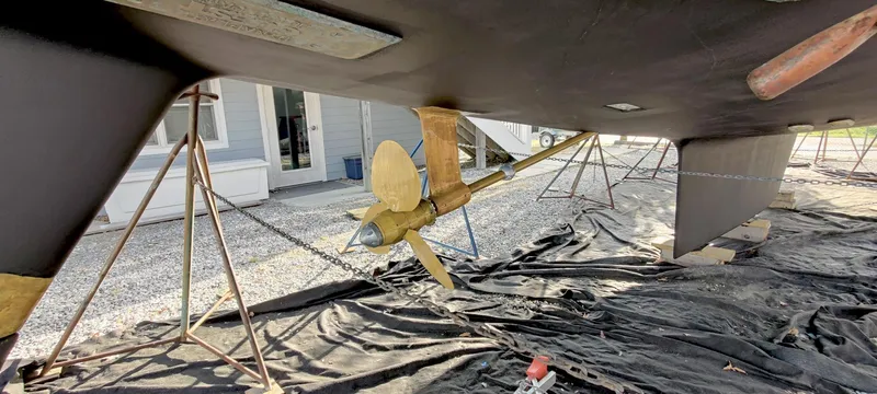 Solitude Yacht Photos Pics Underwater view of a 2018 Passport 545 sailboat propeller on stands.