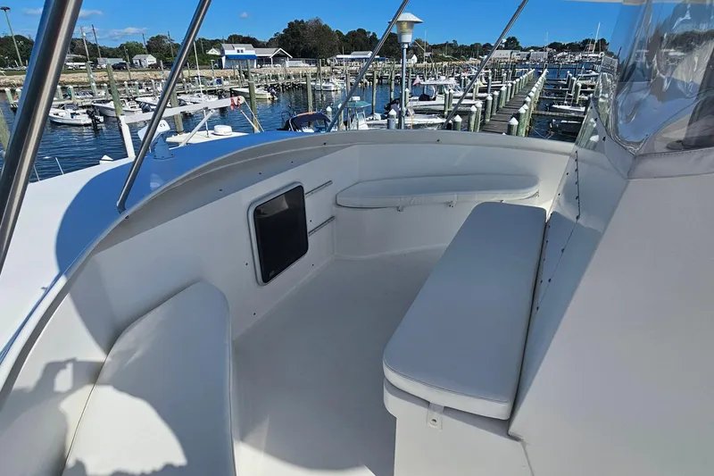 Nantucket Sleighride Yacht Photos Pics Spacious deck of 2005 Custom Sea Raider Catamaran docked at marina.