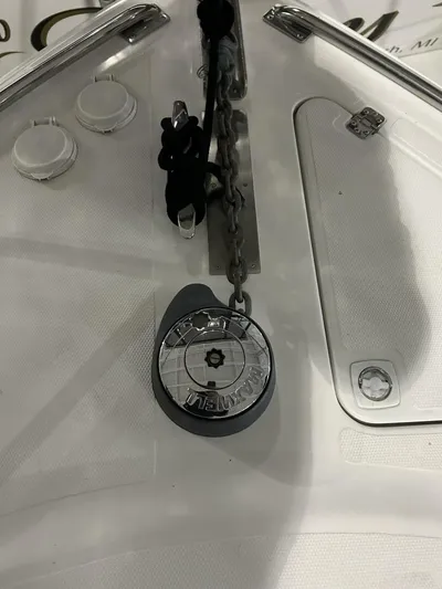 Second Knot Yacht Photos Pics 2003 Carver 396 Aft Cabin MY boat deck with anchor chain and winch.