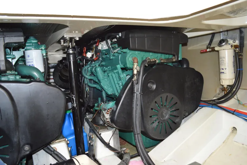 Dragonfly Yacht Photos Pics Engine compartment of a 2009 Hinckley 37 boat, showcasing mechanical components.