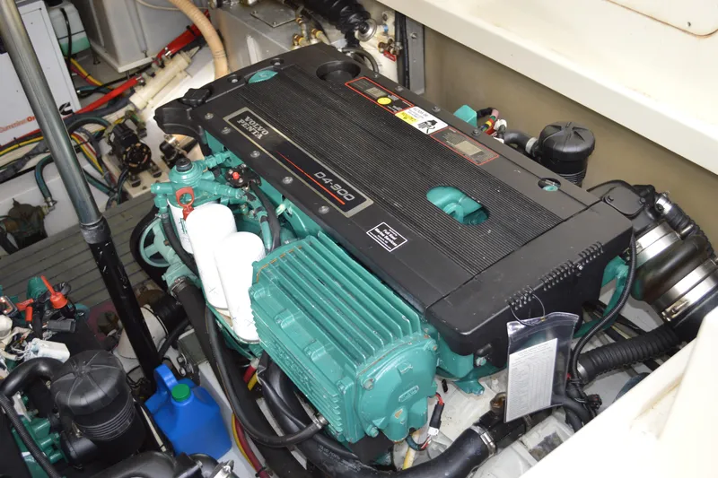 Dragonfly Yacht Photos Pics Engine compartment of a 2009 Hinckley 37 boat with Volvo Penta D4-300 engine.