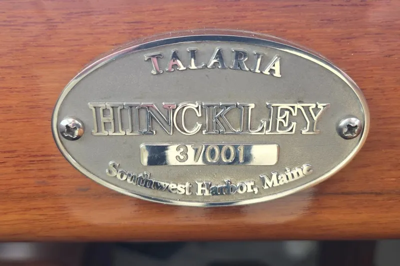 Dragonfly Yacht Photos Pics Hinckley Talaria 37 boat nameplate, Southwest Harbor, Maine, 2009 model.