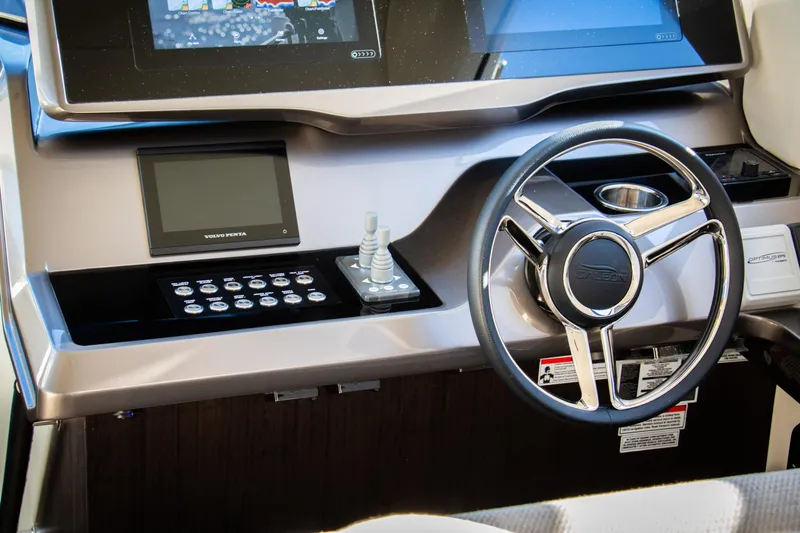  Yacht Photos Pics Helm of 2026 Galeon 480 Fly yacht with modern controls and steering wheel.