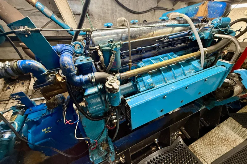 Island Princess Yacht Photos Pics Engine of 1983 Custom Steel Passenger vessel, showcasing intricate blue mechanical components.
