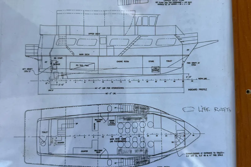 Island Princess Yacht Photos Pics Blueprint of a 1983 Custom Steel Passenger vessel, 120-person capacity, detailed layout and design.
