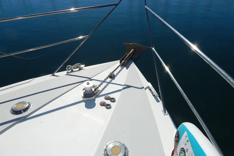 Yacht Photos Pics Bow of 1992 Fairline 50 yacht with anchor and winch system.