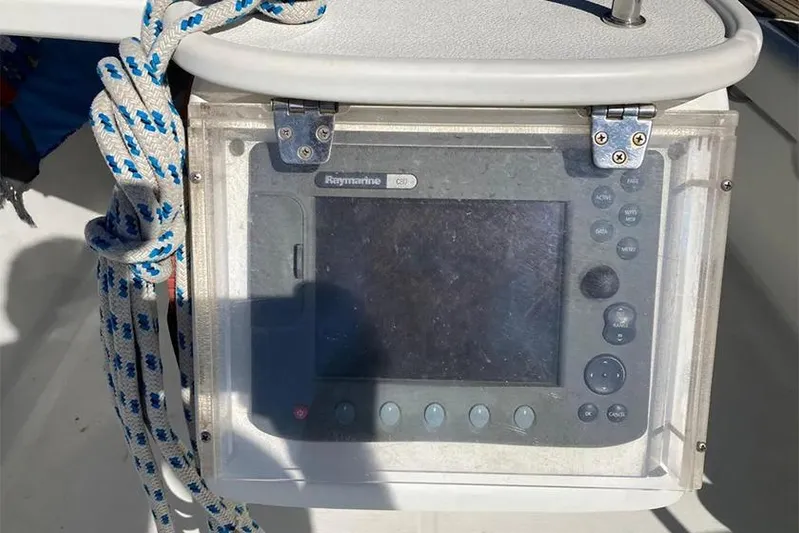  Yacht Photos Pics Raymarine GPS device on 2007 Beneteau Cyclades 50 yacht, with nautical rope.