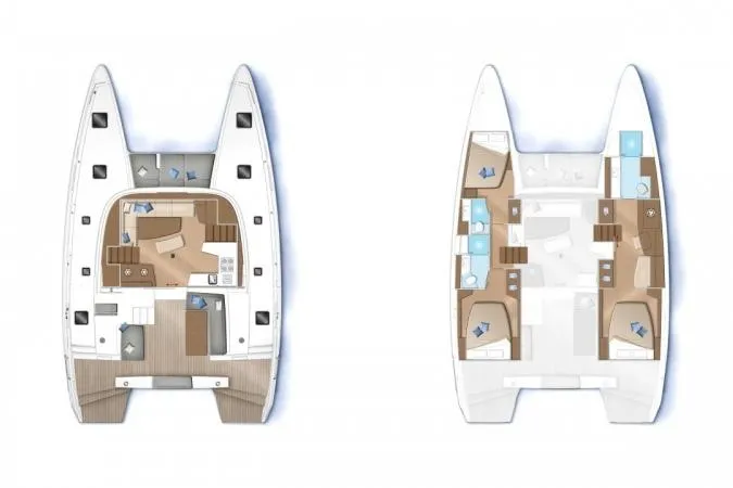 Total Eclipse Yacht Photos Pics Floor plan of a 2018 Lagoon 42 catamaran, showcasing interior layout and design.