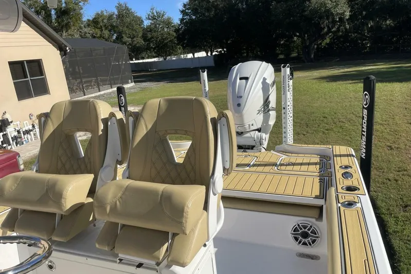  Yacht Photos Pics 2023 Sportsman Masters 267 Bay Boat with tan seats and Yamaha V8 engine.