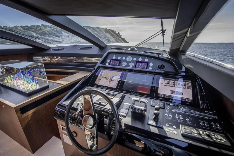  Yacht Photos Pics Cockpit of 2019 Riva 88 Domino Super yacht with advanced navigation systems.