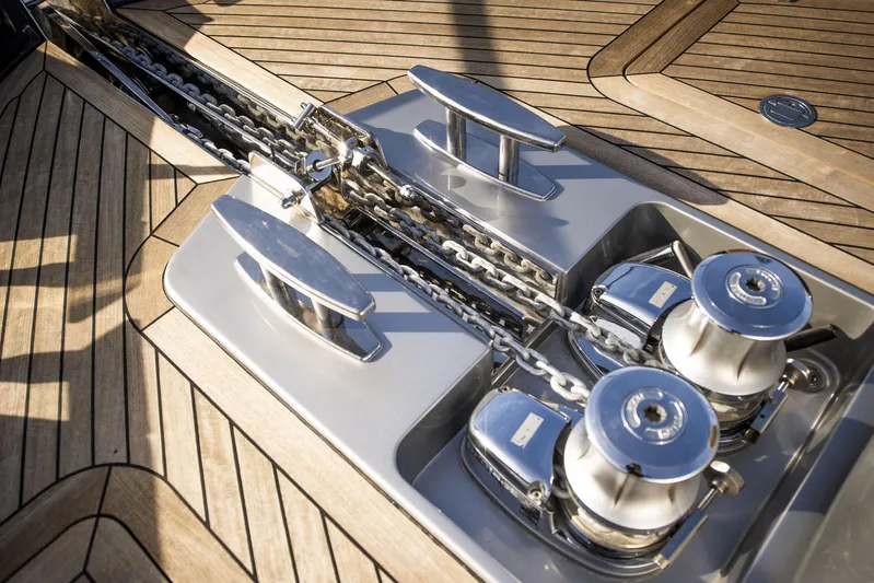  Yacht Photos Pics Anchor system on 2019 Riva 88 Domino Super yacht with polished metal components.