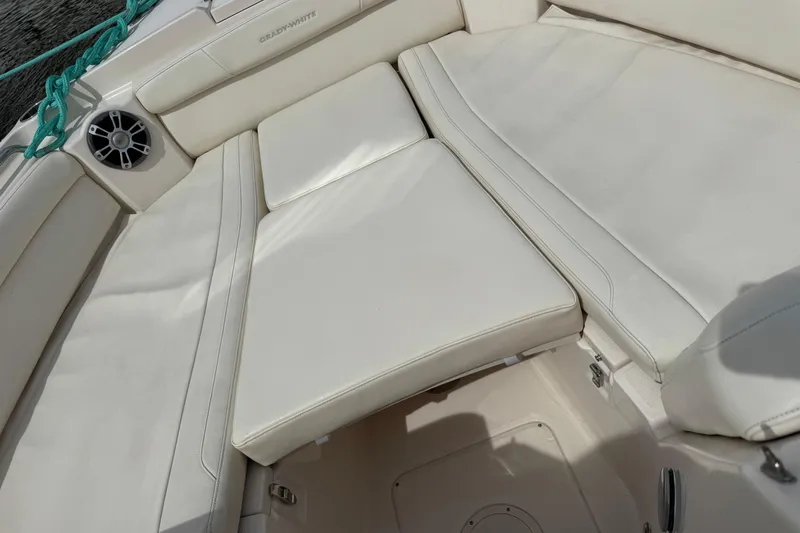 That's What She Said Yacht Photos Pics 2023 Grady-White Freedom 285 boat interior with white cushioned seating.