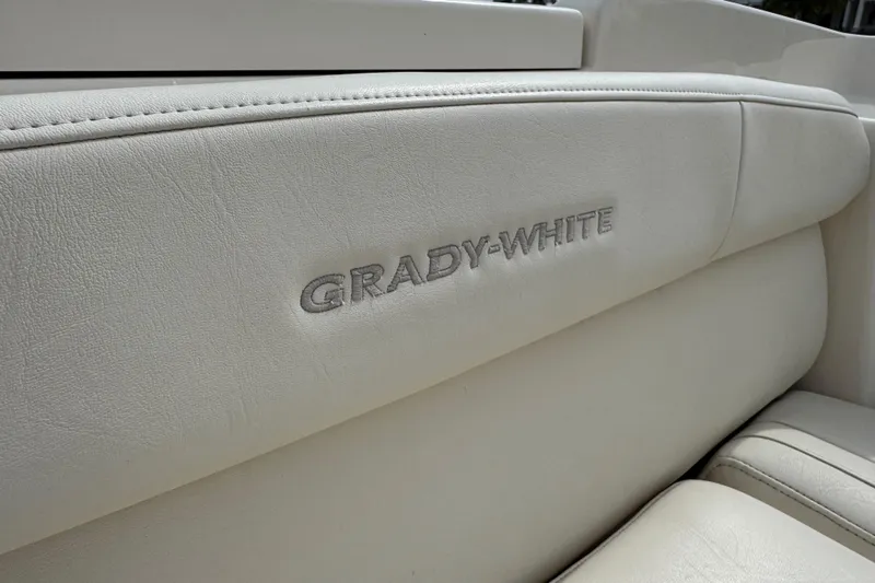 That's What She Said Yacht Photos Pics 2023 Grady-White Freedom 285 boat seat with embossed logo detail.
