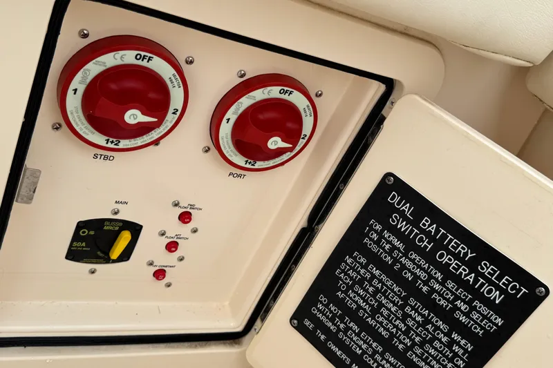That's What She Said Yacht Photos Pics 2023 Grady-White Freedom 285 dual battery switch panel with operation instructions.