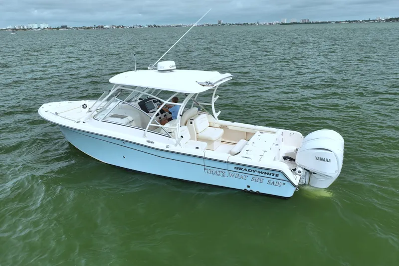 That's What She Said Yacht Photos Pics 2023 Grady-White Freedom 285 boat on open water, featuring Yamaha engines.