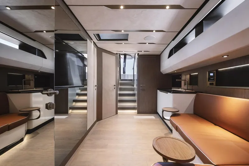  Yacht Photos Pics Luxurious interior of 2024 Wider Wilder 60 yacht with modern design and elegant furnishings.
