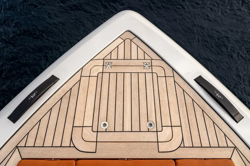  Yacht Photos Pics Bow of 2024 Wider Wilder 60 yacht with teak decking and sleek design.