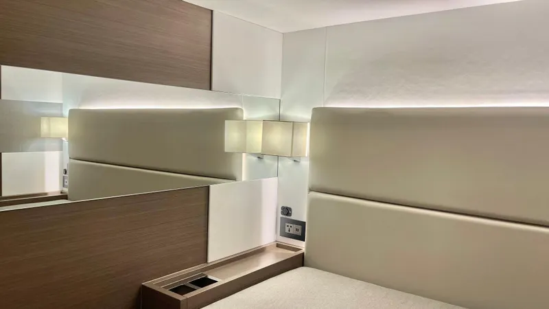  Yacht Photos Pics Modern interior of Leopard 53 yacht, featuring sleek design and ambient lighting, 2023 model.